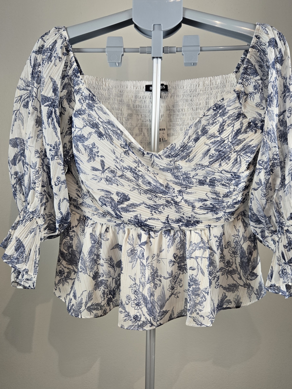 NWT Express Blue Floral Pleated Smocked Peplum Blouse White & Blue Large